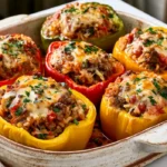 Baked stuffed bell peppers topped with melted mozzarella in a cozy kitchen.