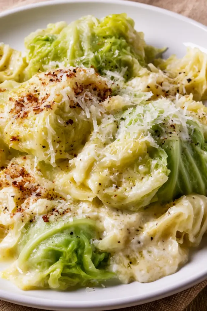 Cabbage Alfredo Recipe 1 Close-up view of cabbage noodles coated in Alfredo sauce.