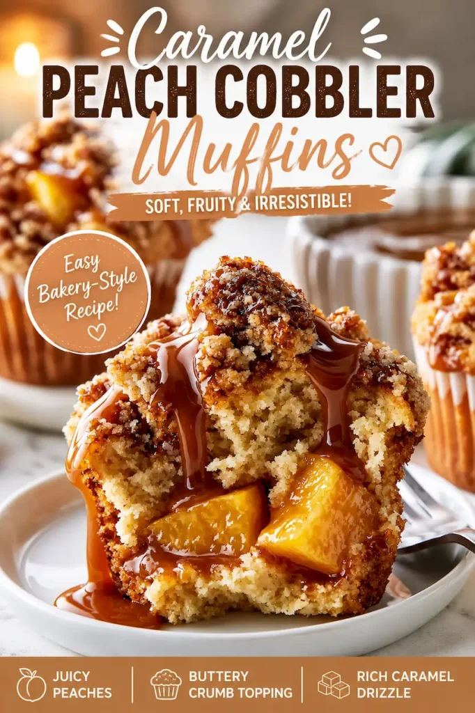 Caramel Peach Cobbler Muffins 3 Close-up showing the soft peach-filled interior of a caramel peach cobbler muffin.