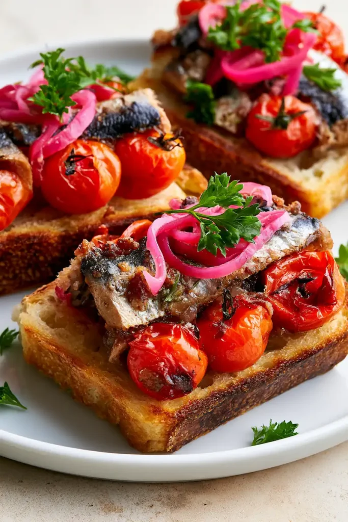 Sardine Toast with Roast Tomatoes & Pickled Onions 1 Close-up showing flaky sardines, juicy roasted tomatoes, and pickled onions on crisp toast.