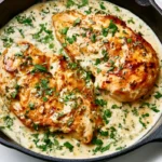 Creamy Boursin chicken served in a skillet with garlic herb sauce and fresh parsley.
