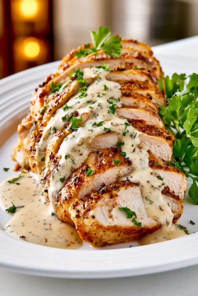 Boursin Chicken 1 Creamy Boursin chicken served in a skillet with garlic herb sauce and fresh parsley.
