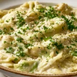 Creamy cabbage alfredo with Parmesan sauce served in a cozy bowl.