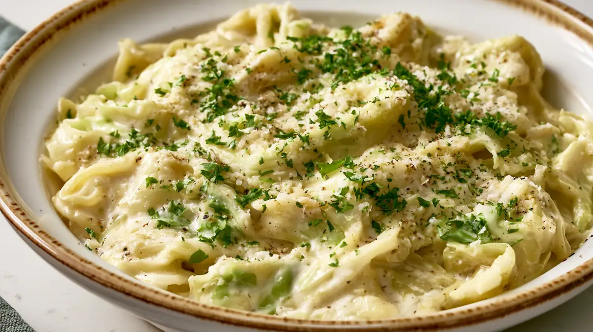 Creamy cabbage alfredo with Parmesan sauce served in a cozy bowl.