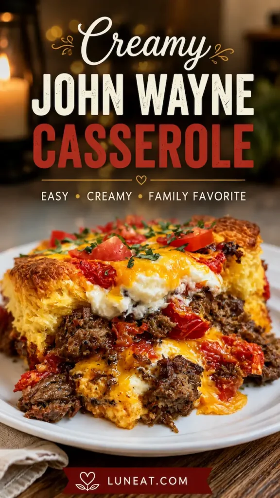 Close-up slice of creamy John Wayne casserole on a plate.