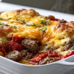Creamy John Wayne casserole baked until golden in a casserole dish.