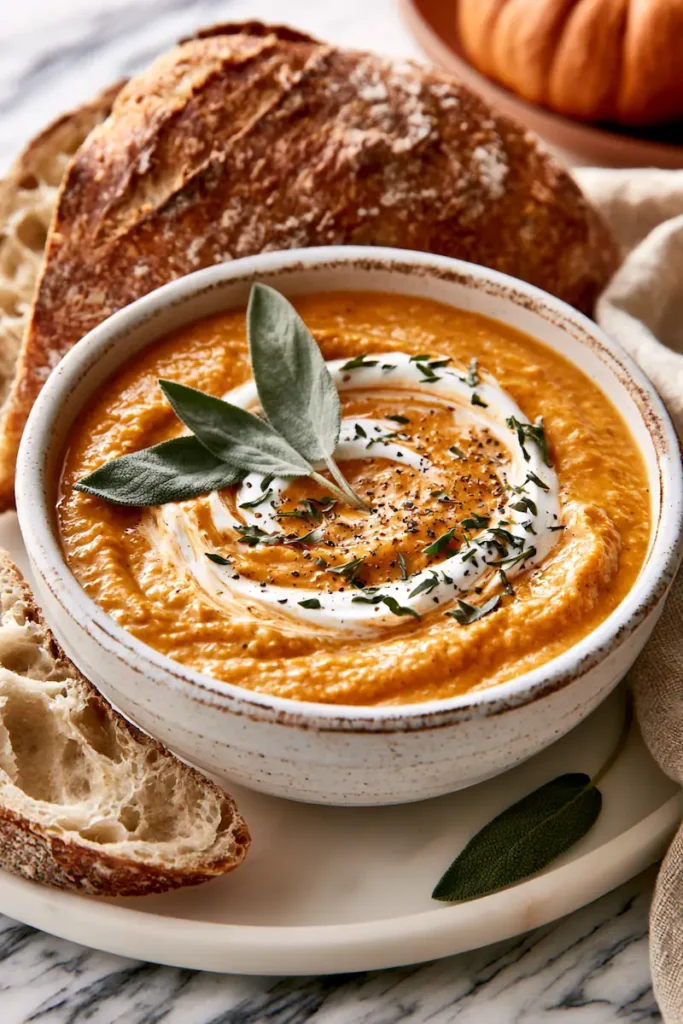 Top Early Fall Comfort Food Ideas You'll Crave All Season 2 Creamy pumpkin soup garnished with cream and fresh sage.