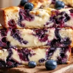 Easy Blueberry Cream Cheese Bread Loaf Moist blueberry cream cheese bread loaf sliced on a wooden board.