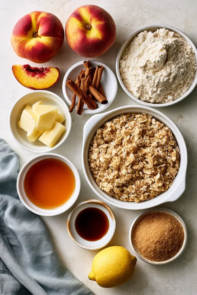 Fresh Peach Crisp: The Ultimate Cozy Summer Dessert 2 Fresh peaches, oats, butter, cinnamon, flour, and brown sugar arranged neatly.