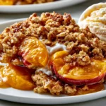 Fresh Peach Crisp in a Rustic Baking Dish Alt Text: Fresh peach crisp with golden oat topping served warm with vanilla ice cream.