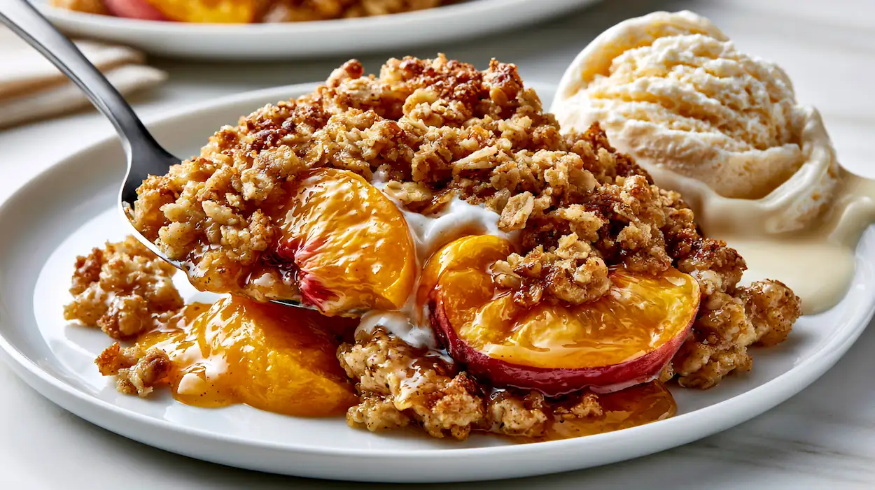 Fresh Peach Crisp: The Ultimate Cozy Summer Dessert 4 Fresh Peach Crisp in a Rustic Baking Dish Alt Text: Fresh peach crisp with golden oat topping served warm with vanilla ice cream.