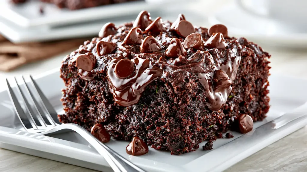 Gluten Free Zucchini Chocolate Cake 1 Moist gluten free zucchini chocolate cake served on a ceramic plate.