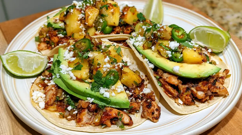 Hawaiian Chicken Tacos with Jalapeño Pineapple Salsa 1 Hawaiian Chicken Tacos with Jalapeño Pineapple Salsa served on a white plate.
