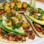 Hawaiian Chicken Tacos with Jalapeño Pineapple Salsa Hawaiian Chicken Tacos with Jalapeño Pineapple Salsa served on a white plate.