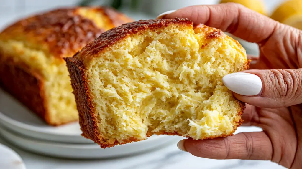 Healthy Lemon Yogurt Cake 1 Moist healthy lemon yogurt cake on a serving plate with fresh lemon slices.