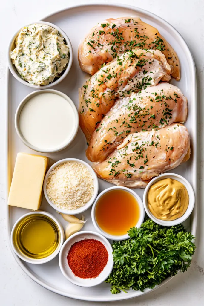 Boursin Chicken 2 Fresh ingredients arranged neatly for making Boursin Chicken.