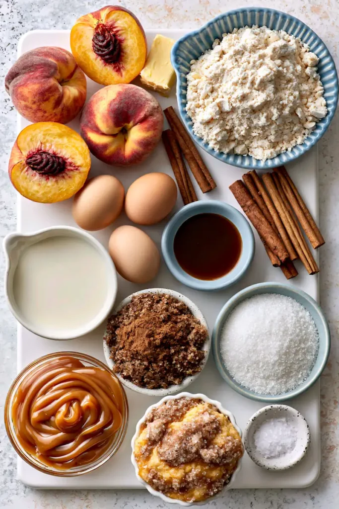 Caramel Peach Cobbler Muffins 2 Fresh peaches, flour, butter, eggs, cinnamon, sugars, vanilla, milk, and caramel sauce arranged neatly.
