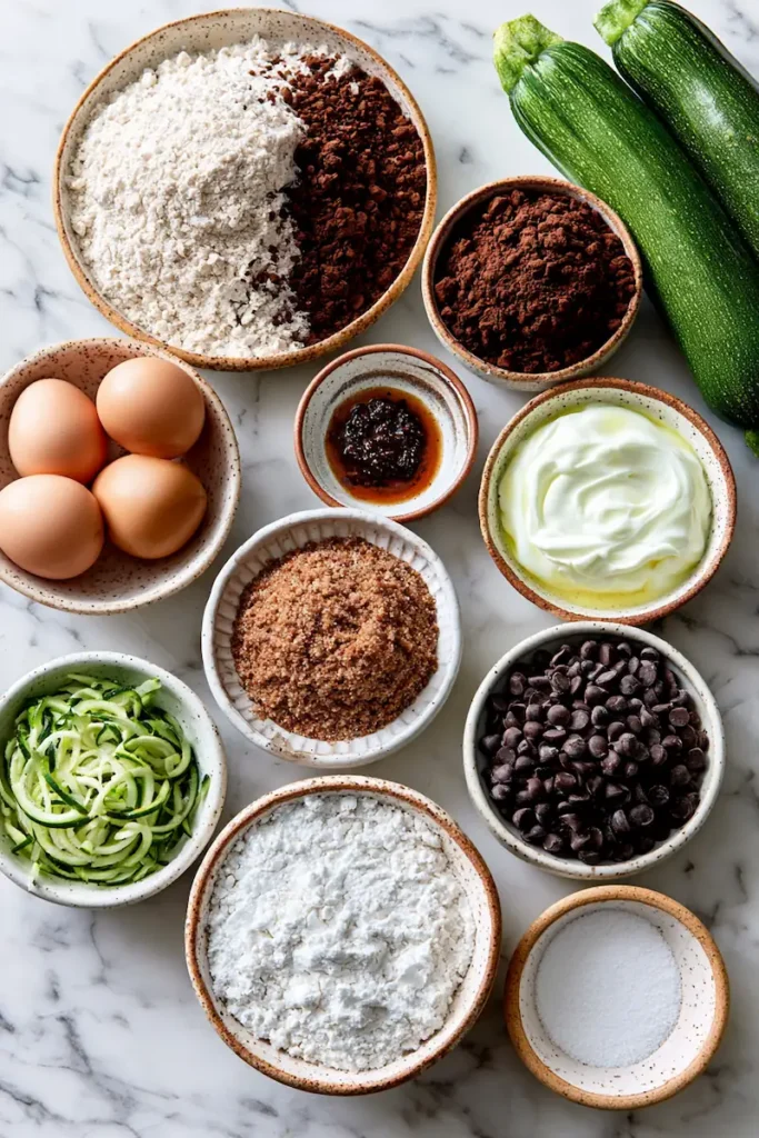 Gluten Free Zucchini Chocolate Cake 3 Ingredients arranged for making gluten free zucchini chocolate cake.