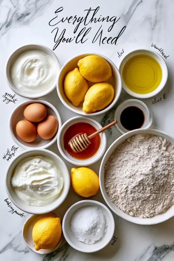 Healthy Lemon Yogurt Cake 2 Fresh ingredients arranged neatly for making healthy lemon yogurt cake.