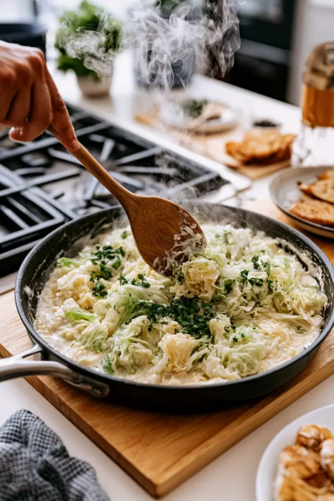 Cabbage Alfredo Recipe 3 Cooking cabbage with creamy Alfredo sauce in a skillet.