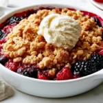 Golden old fashioned berry crisp in a ceramic baking dish with vanilla ice cream.