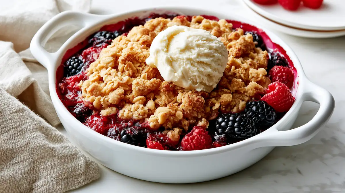 Old Fashioned Berry Crisp Recipe 4 Golden old fashioned berry crisp in a ceramic baking dish with vanilla ice cream.