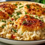 One-pan chicken and rice with golden chicken thighs and fluffy seasoned rice in a skillet