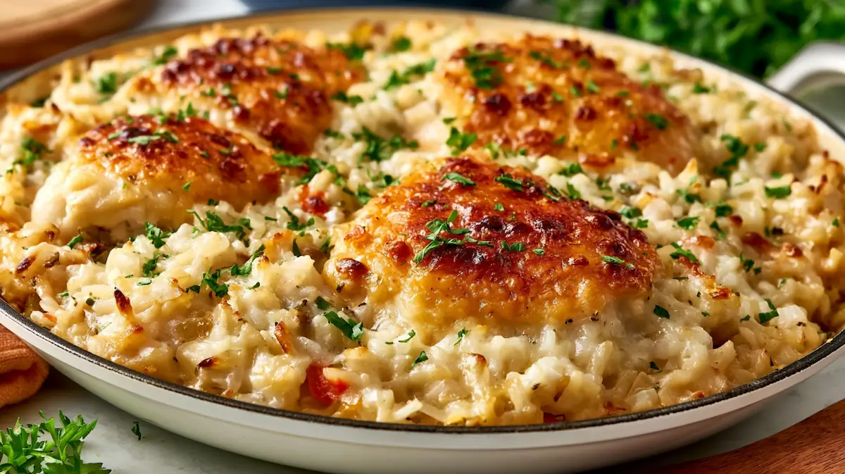 One-pan chicken and rice with golden chicken thighs and fluffy seasoned rice in a skillet