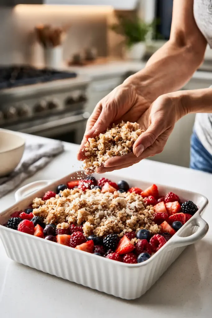 Old Fashioned Berry Crisp Recipe 3 Hands sprinkling buttery oat topping over mixed berries before baking.