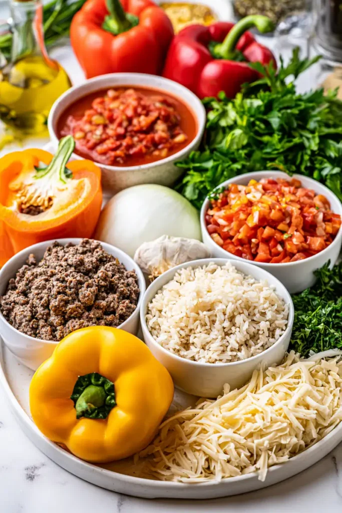 Classic Stuffed Peppers Recipe 2 Fresh ingredients arranged neatly for stuffed peppers.