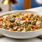 Cozy crock pot soup served on a white kitchen counter at night