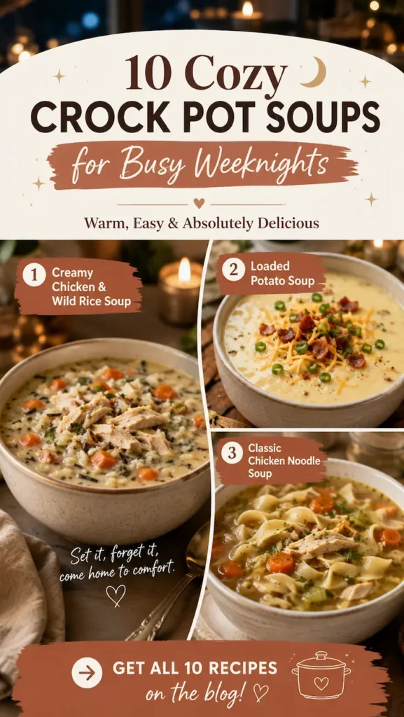 10 Cozy Crock Pot Soups Recipes for Busy Weeknights 1 collage featuring three cozy crock pot soups: creamy chicken and wild rice soup, loaded potato soup, and chicken noodle soup.