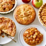 A beautiful assortment of cozy apple cider desserts including donuts, Bundt cake, pie, cookies, and cinnamon rolls arranged on a rustic wooden table in a warm autumn kitchen.