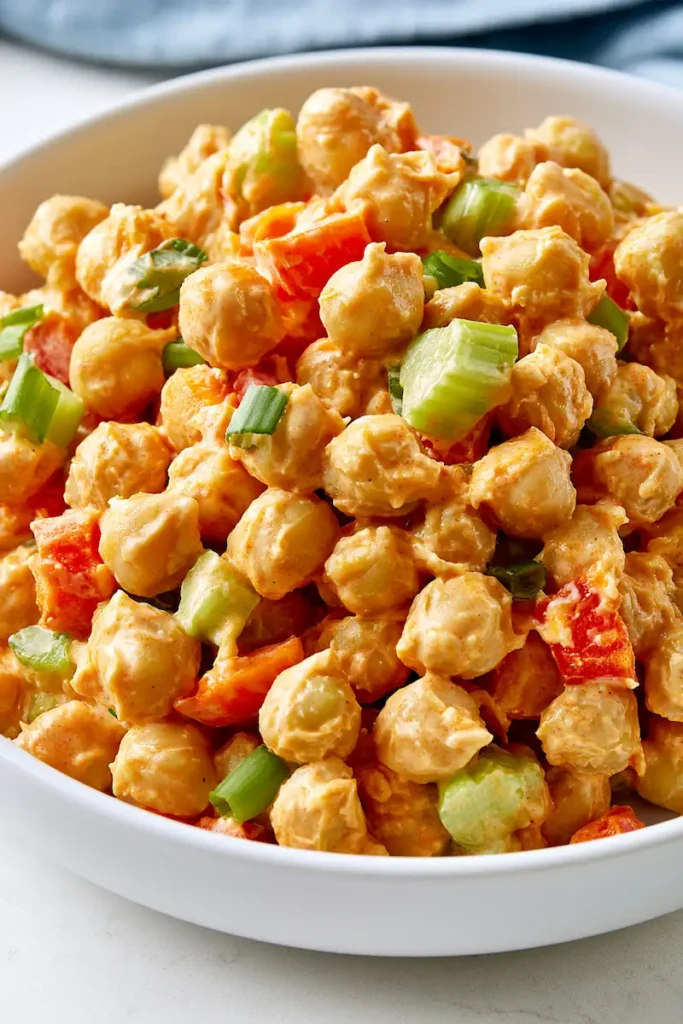 High-Protein Buffalo Chickpea Salad 1 Close-up of creamy Buffalo chickpea salad with crunchy carrots, celery, and green onions
