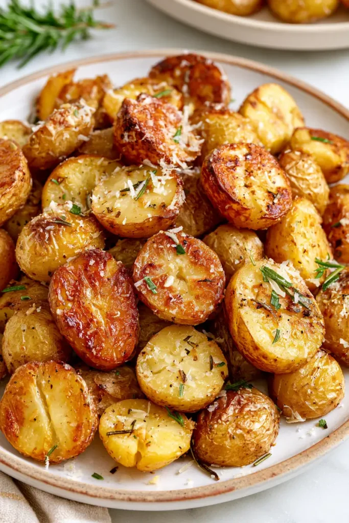 Rosemary Roasted Baby Potatoes 2 Close-up of crispy garlic rosemary baby potatoes with Parmesan