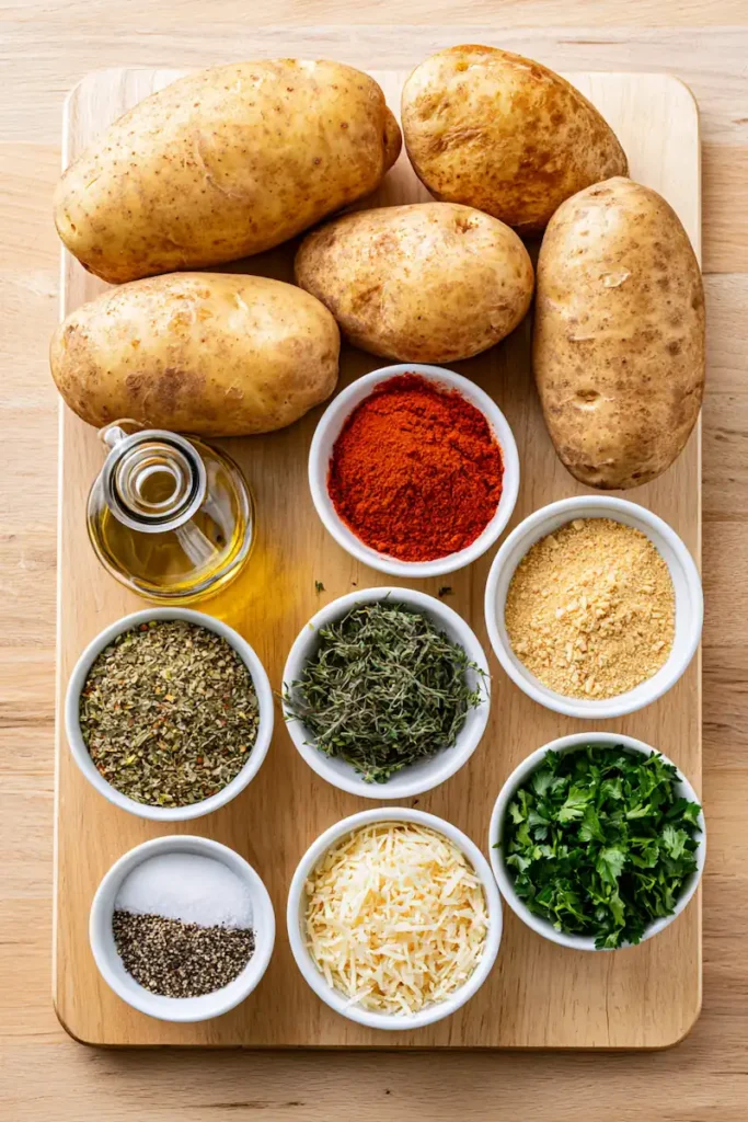 Fresh ingredients needed to make seasoned baked potato wedges arranged on a wooden table.