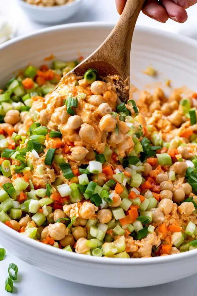 High-Protein Buffalo Chickpea Salad 3 Creamy Buffalo dressing being mixed into mashed chickpeas and fresh vegetables