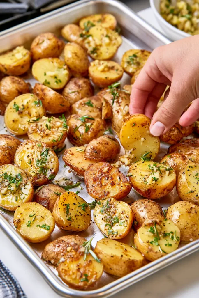 Rosemary Roasted Baby Potatoes 4 Seasoned baby potatoes with rosemary and garlic arranged cut-side down on a baking sheet