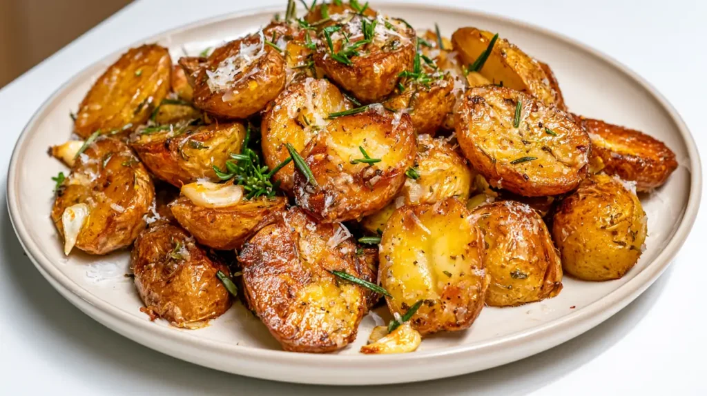 Rosemary Roasted Baby Potatoes 1 Crispy rosemary roasted baby potatoes with garlic and Parmesan on a white serving plate