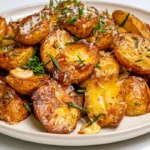 Crispy rosemary roasted baby potatoes with garlic and Parmesan on a white serving plate