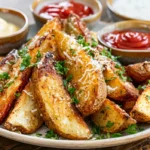 Crispy seasoned baked potato wedges baked until golden brown and served with dipping sauces.