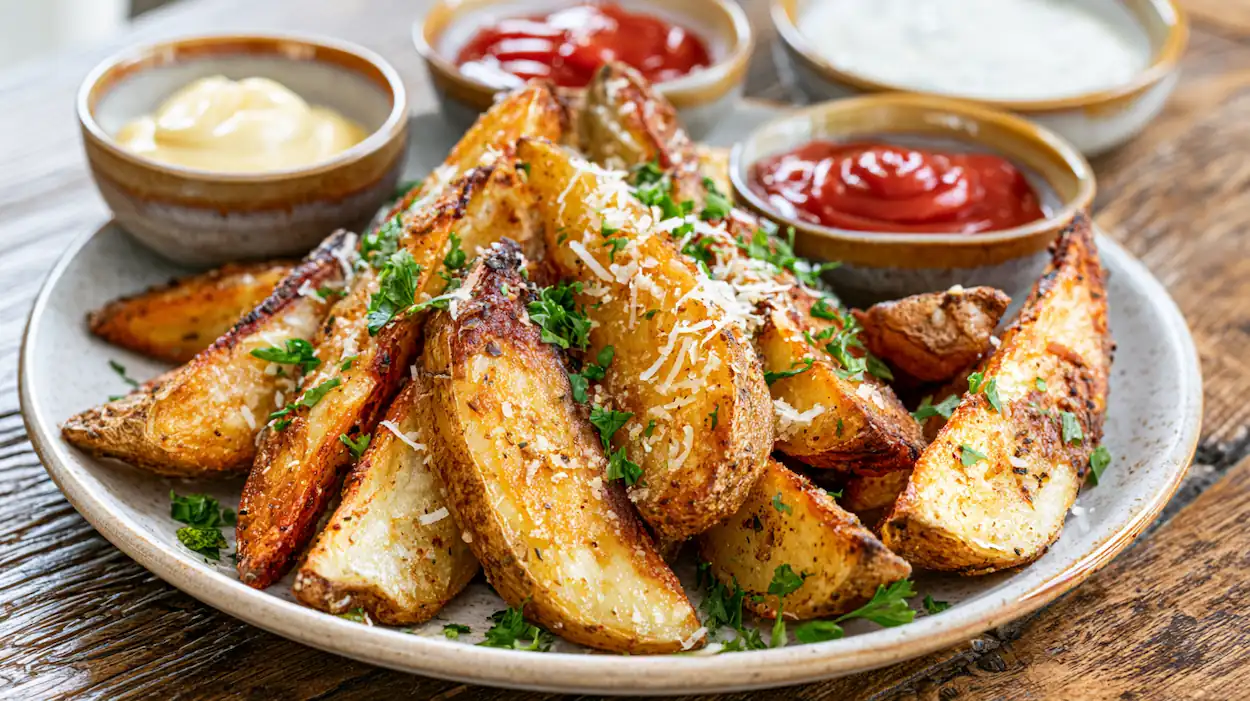 Crispy seasoned baked potato wedges baked until golden brown and served with dipping sauces.