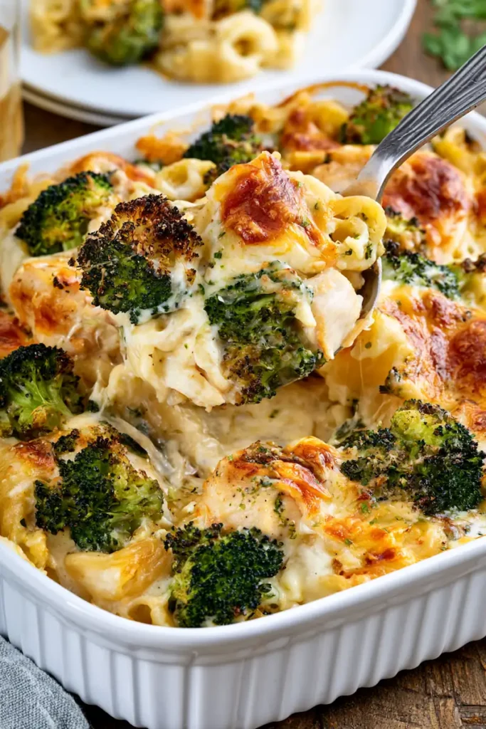 What Can I Make for Dinner with Chicken and Broccoli? 2 Creamy chicken and broccoli pasta bake topped with golden melted cheese
