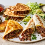 Ground beef tacos, quesadillas, and burritos served with fresh tortilla toppings