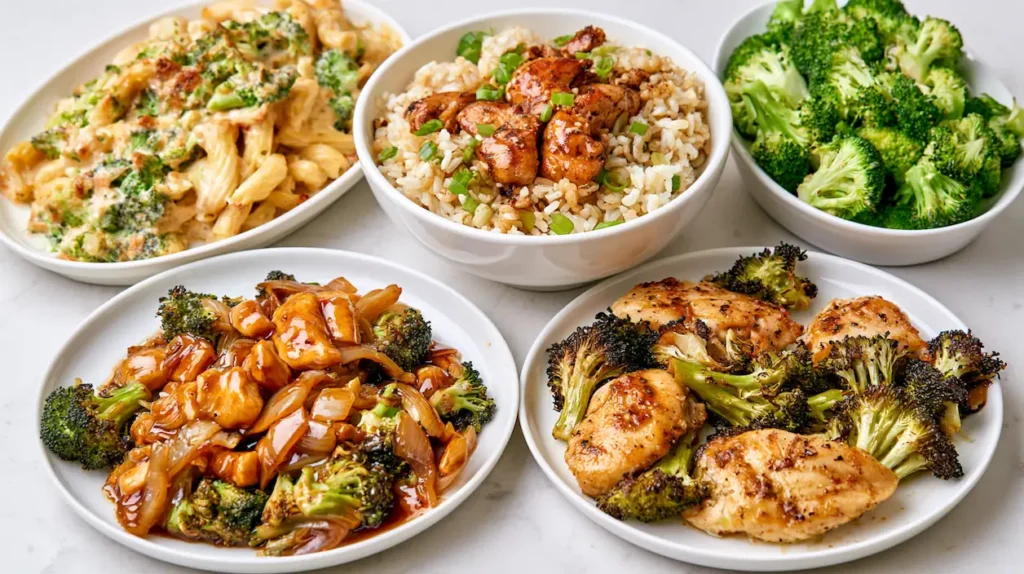 What Can I Make for Dinner with Chicken and Broccoli? 1 Four easy chicken and broccoli dinner ideas including pasta, rice bowl, stir-fry, and sheet-pan chicken