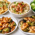 Four easy chicken and broccoli dinner ideas including pasta, rice bowl, stir-fry, and sheet-pan chicken