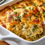 Properly baked creamy casserole with a golden top and firm portions that hold together