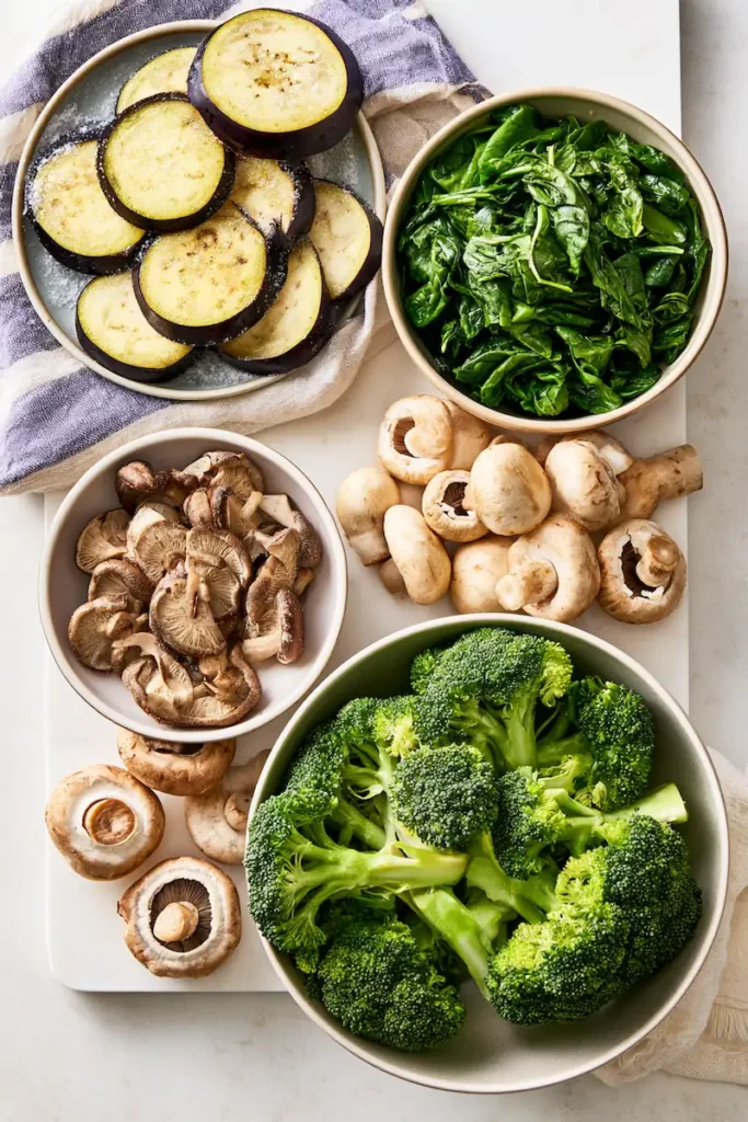 How Do You Keep a Casserole from Becoming Watery? 2 Salted eggplant, drained spinach, and dried vegetables prepared to prevent a watery casserole
