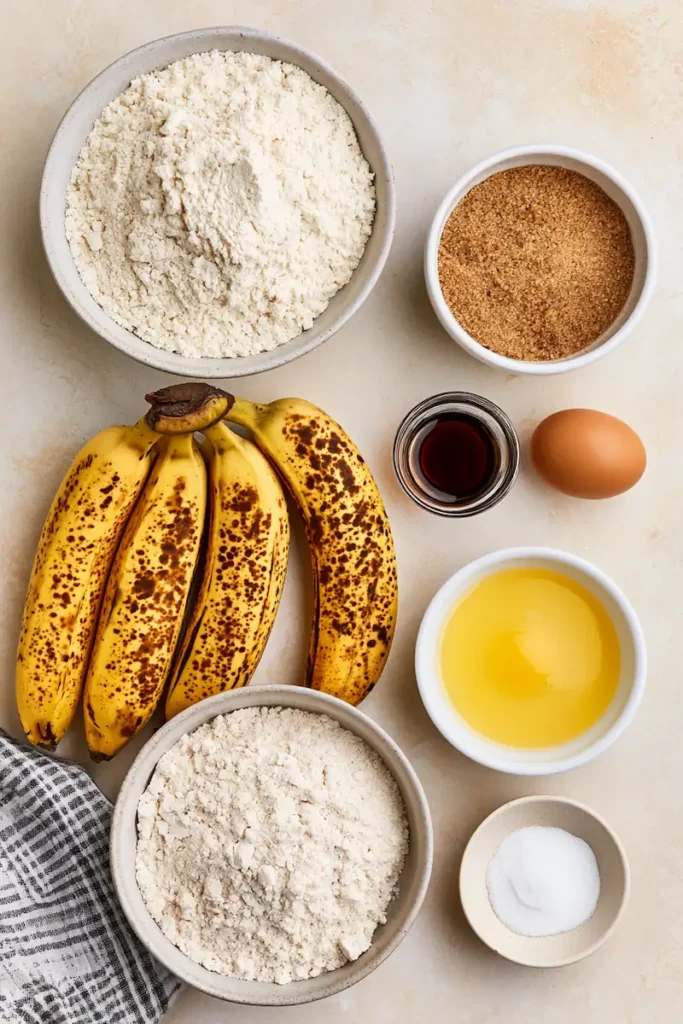 Simple Banana Bread Recipe (Easy One-Bowl Loaf) 2 Simple banana bread ingredients with ripe bananas, flour, butter, sugar and egg