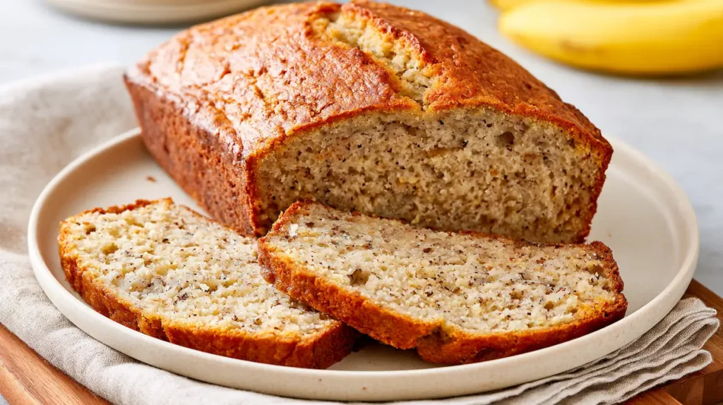 Simple Banana Bread Recipe (Easy One-Bowl Loaf) 1 Simple homemade banana bread loaf with two moist slices